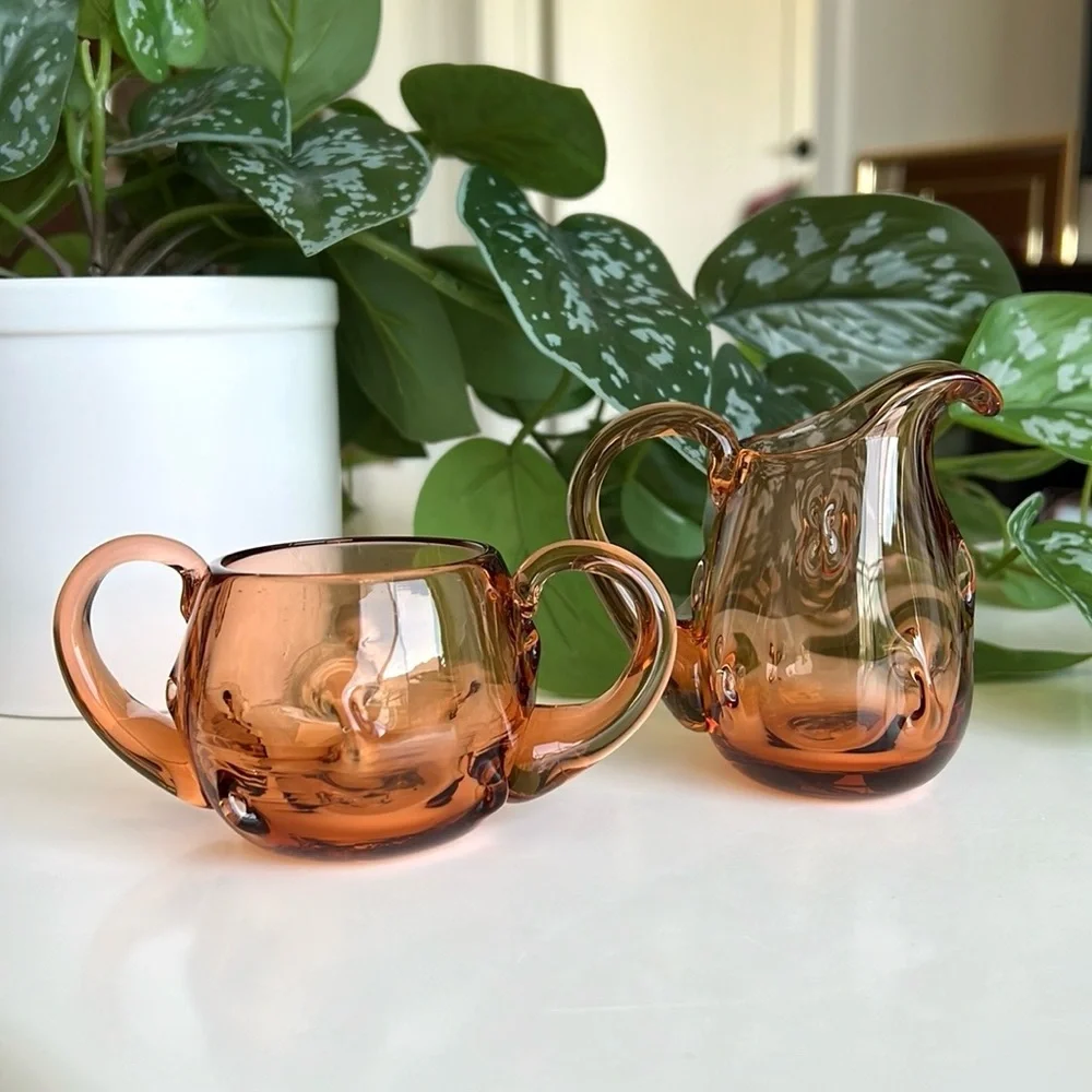 Blown Glass Sugar & Creamer Small Mini Vases Match Holders Vintage